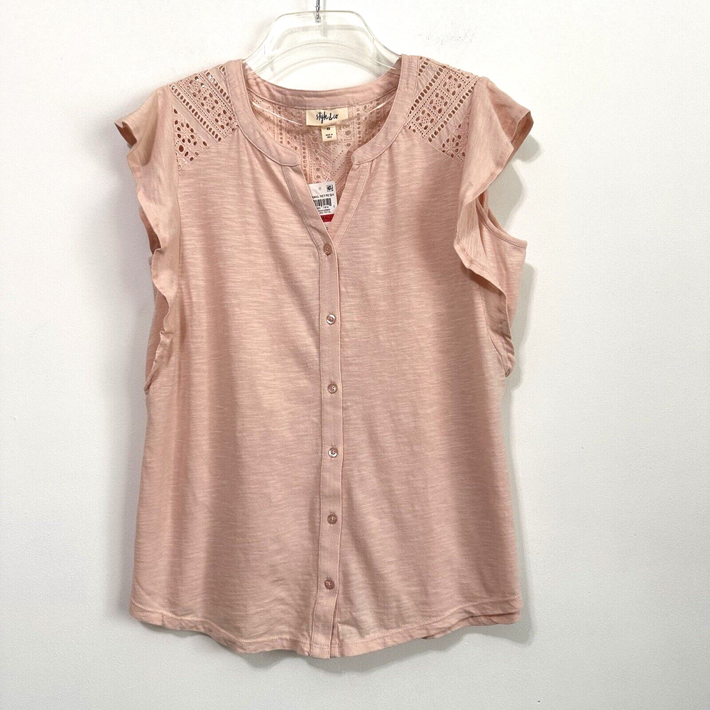 Style & Co Top XS Cap Flutter Sleeve‎ Crushed Petal Pink Popover Casual Lace NEW